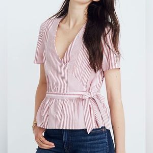 Madewell Ruffle-Hem Wrap Top in Stripe Mix.